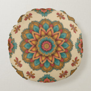 Colorful Mandala Floral Boho Art Round Cushion