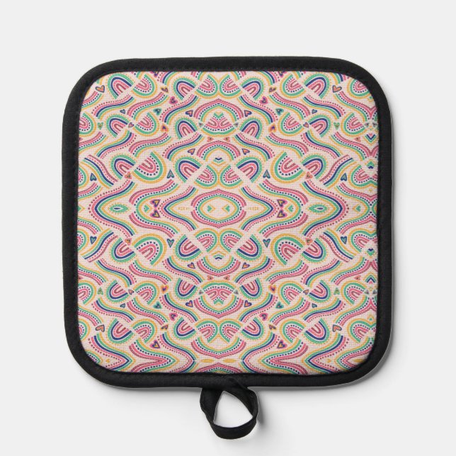Colorful mandala-patterned pot holder with black  (Front)