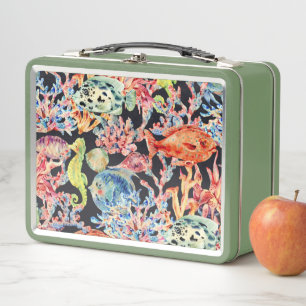 Colorful Marine Animals Fish Seahorse Corals       Metal Lunch Box