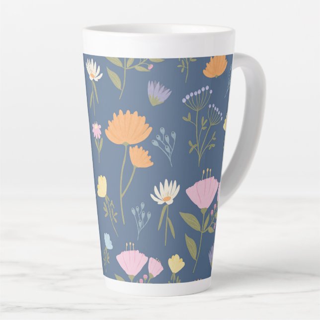 Colorful meadow on blue latte mug (Right Angle)