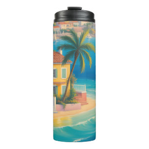 Colorful Mediterranean Village on Tropical Beach Thermal Tumbler