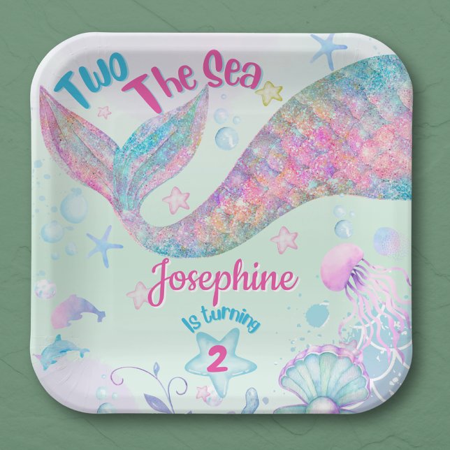 Colorful Mermaid second birthday square Paper Plate (Creator Uploaded)