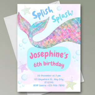 Colorful Mermaid under the sea watercolor birthday Invitation