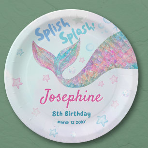 Colorful Mermaid watercolor birthday Paper Plate