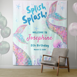 Colorful Mermaid watercolor birthday welcome large Tapestry