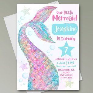 Colorful Mermaid watercolor under the sea birthday Invitation