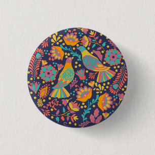 Colorful Mexican Folk Art Birds and Flowers Blue 3 Cm Round Badge