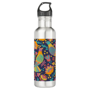 Colorful Mexican Folk Art Birds and Flowers Blue 710 Ml Water Bottle