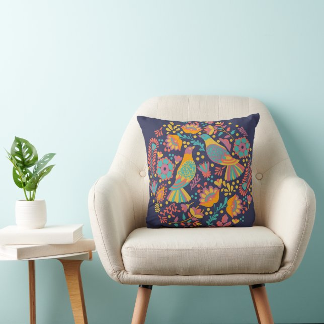 Colorful Mexican Folk Art Birds and Flowers Blue Cushion (Chair)