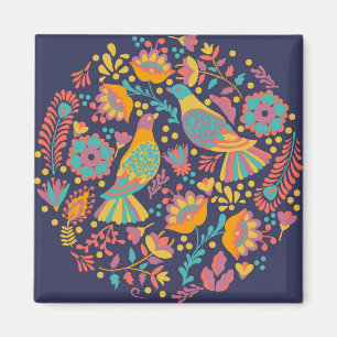 Colorful Mexican Folk Art Birds and Flowers Blue Magnet