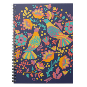 Colorful Mexican Folk Art Birds and Flowers Blue Notebook