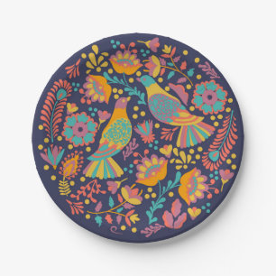Colorful Mexican Folk Art Birds and Flowers Blue Paper Plate