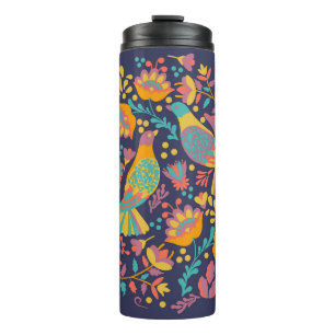 Colorful Mexican Folk Art Birds and Flowers Blue Thermal Tumbler