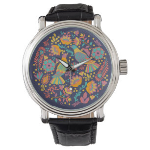 Colorful Mexican Folk Art Birds and Flowers Blue Watch