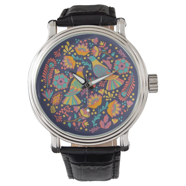 Colorful Mexican Folk Art Birds and Flowers Blue Watch (Front)