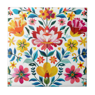 Colorful Mexican Folk Art Floral Ceramic Tile