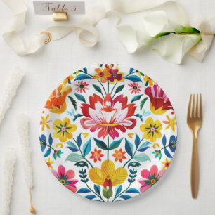 Colorful Mexican Folk Art Floral Paper Plate