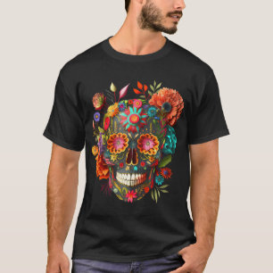 Colorful Mexican Skulls Flowers Halloween Catrina T-Shirt