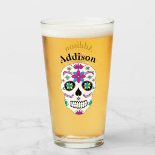 Colorful Mexican Sugar Skull With Name Glass