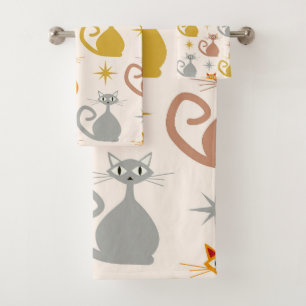 Colorful Mid Century Atomic Cats with Starbursts  Bath Towel Set