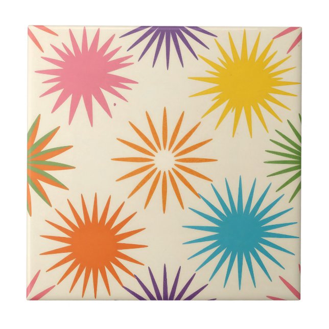 Colorful Mid Century Starburst Pattern Ceramic Tile (Front)