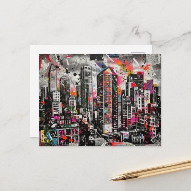 Colorful Mixed media Architecture and Bird Collage Postcard (Front/Back In Situ)