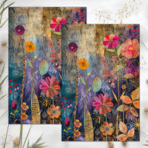 COLORFUL MIXED MEDIA FLORAL COLLAGE DECOUPAGE TISSUE PAPER