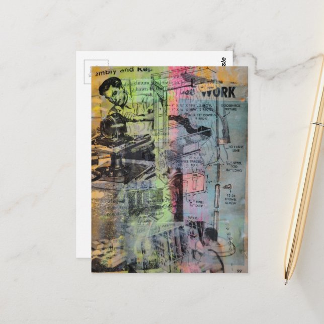 Colorful Mixed Media Retro Hobbies Woodworking Men Postcard (Front/Back In Situ)