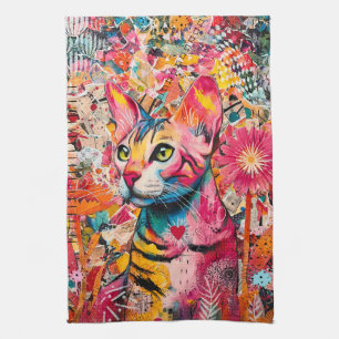 Colorful Mixed Mixed Paper Cat Collage Tea Towel