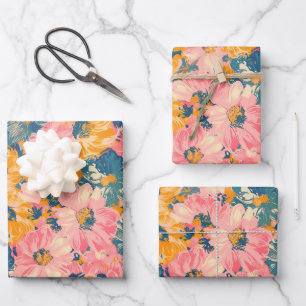 Colorful Modern Flowers Floral Pattern Wrapping Paper Sheet