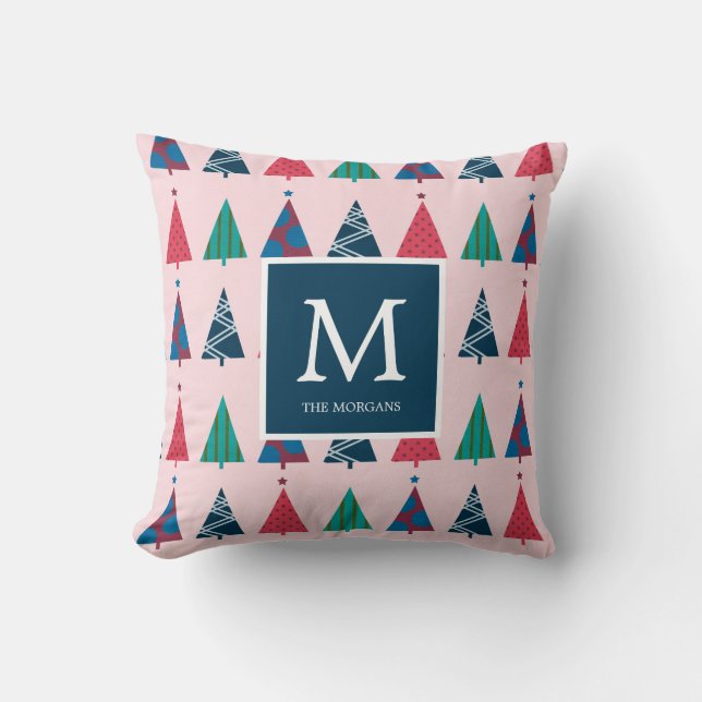 Colorful Modern Holiday Trees with Monogram Cushion (Front)