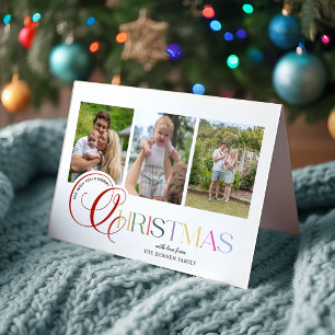 Colorful Modern Merry Christmas Script 3-Photo Holiday Card
