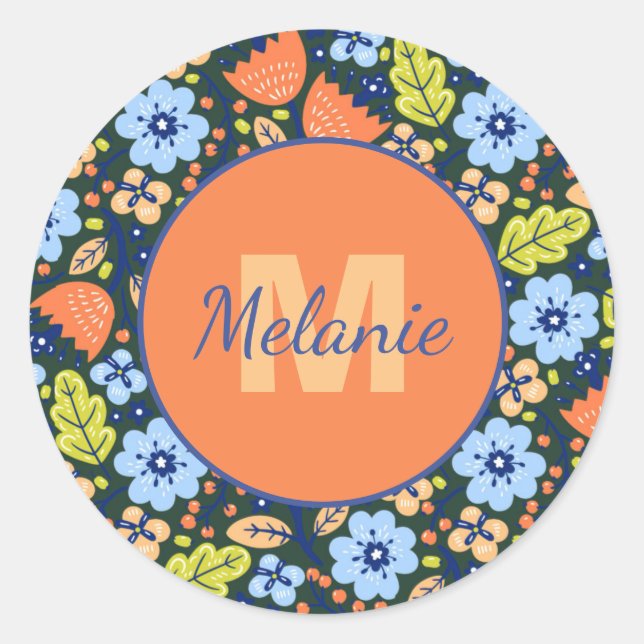 Colorful Modern Pretty Flower Pattern Personalised Classic Round Sticker (Front)