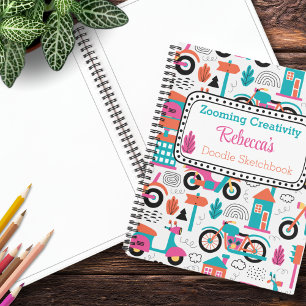 Colorful Moped & Doodle Personalized Kid’s Sketch Notebook