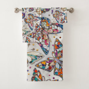 Colorful Mosaic Butterfly pattern on pearl Bath Towel Set