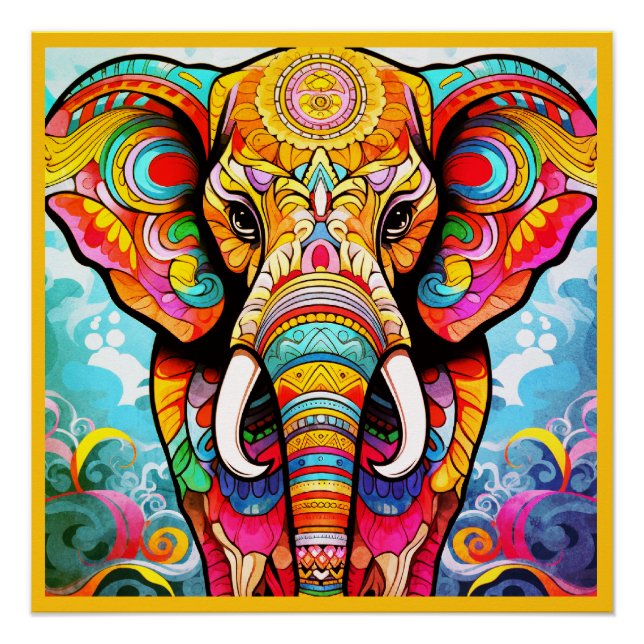 Colorful Mosaic Elephant on a Glossy Wall Poster (Front)