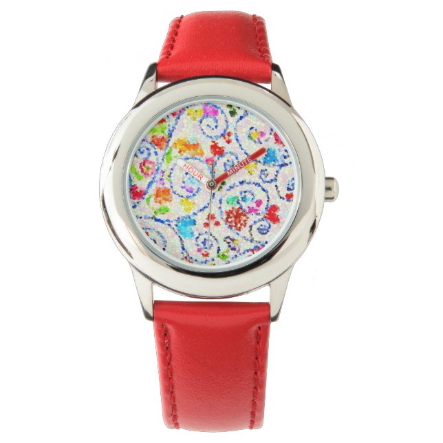 Colorful Mosaic Hearts and Swirls Whimsical Kids'  Watch (Front)