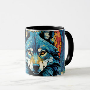 Colorful Mosaic Illustration of Majestic Wolf Mug