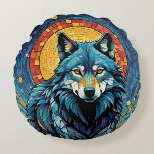 Colorful Mosaic Illustration of Majestic Wolf Round Cushion