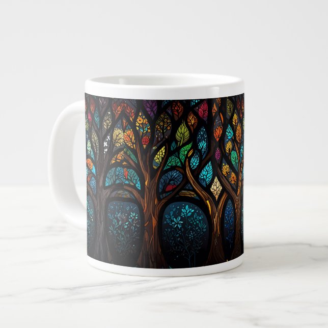 Colorful Mosaic Stained Glass Tree effect design Large Coffee Mug (Front Left)