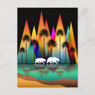 COLORFUL MOUNTAIN BEAR PALM TREES OCEAN POSTCARD