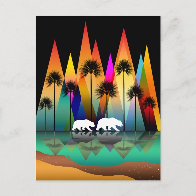COLORFUL MOUNTAIN BEAR PALM TREES OCEAN POSTCARD (Front)