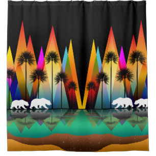 COLORFUL MOUNTAIN BEAR PALM TREES OCEAN SHOWER CURTAIN