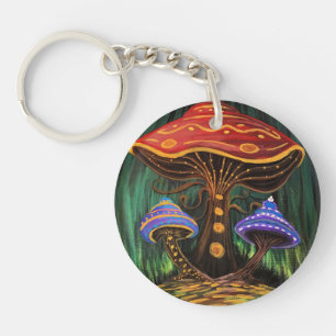 Colorful Mushroom Art Whimsical Cottagecore Forest Key Ring