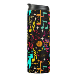 Colorful music notes pattern on black thermal tumbler