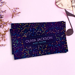 Colorful Music Notes pattern on violet Business Card