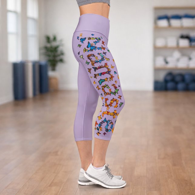 Colorful Namaste Butterflies Lavender Yoga Fitness Capri Leggings (Creator Uploaded)