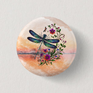 Colorful Nature Vibrant Dragonfly Floral Art 3 Cm Round Badge