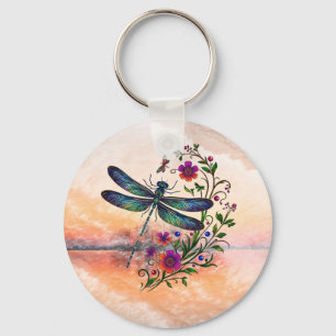 Colorful Nature Vibrant Dragonfly Floral Art  Key Ring