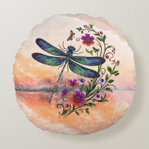 Colorful Nature Vibrant Dragonfly Floral Art Round Cushion